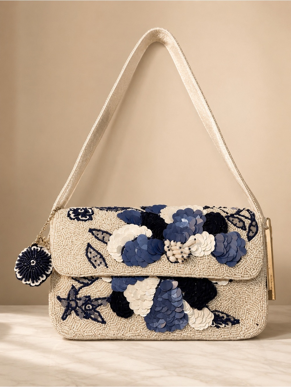 White & Blue Floral Beaded Shoulder Bag